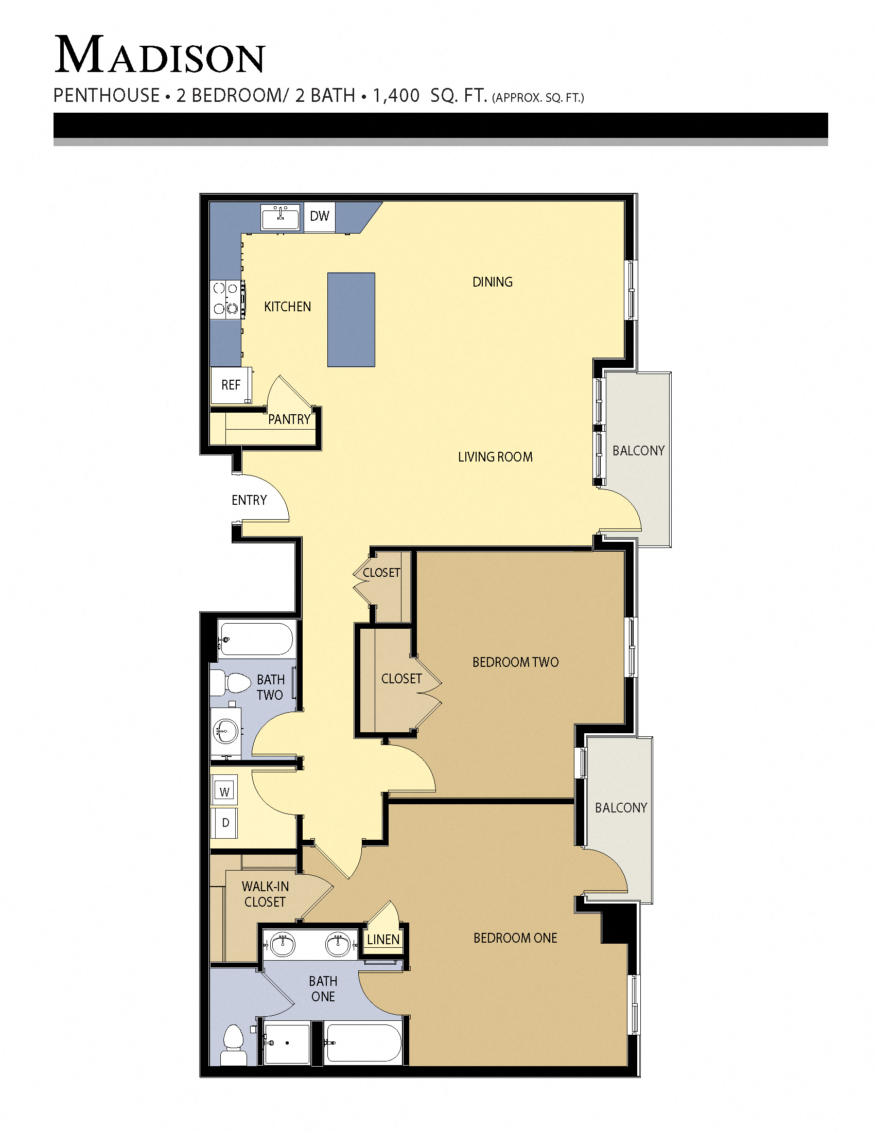 Floor plan for 2 beds, 2 baths, 1400 sqft